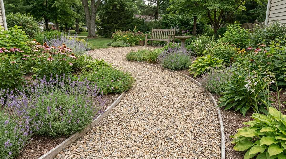A meandering garden path made of small, rounded pea gravel in neutral tan or gray tones, creating a natural, permeable surface that complements cottage-style plantings. The path is laid 2-3 inches deep over a compacted base with flexible edging, ideal for rainwater percolation and easy establishment without specialized tools.