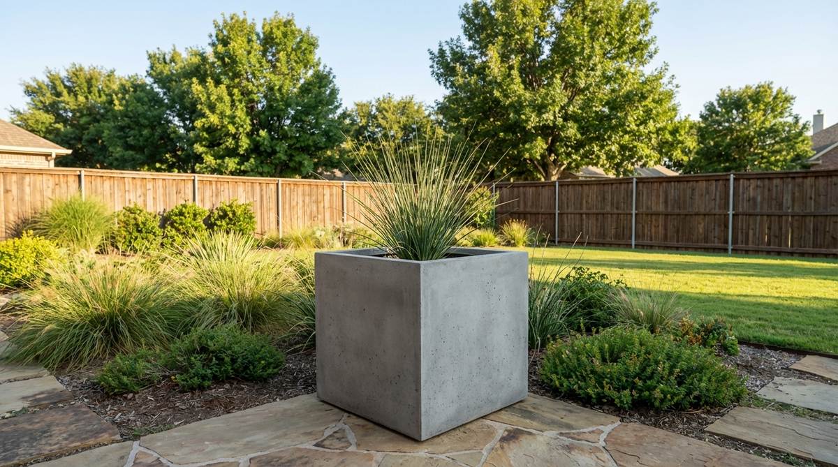 A minimalist cube planter in geometric form, available in 18, 24, or 30-inch dimensions, ideal as a standalone sculpture or in grid patterns for outdoor decor, emphasizing form over botanical complexity.