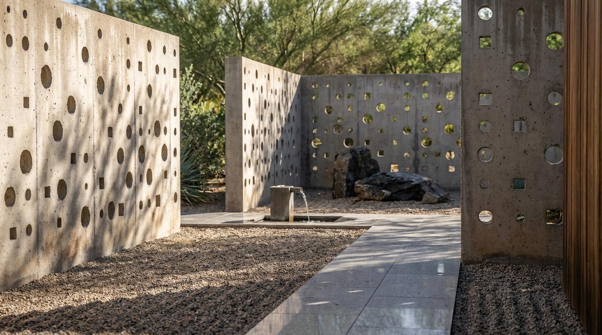 A modern zen garden featuring perforated concrete walls with circular and square cutouts, allowing partial views and airflow while creating intriguing shadow patterns. The openings, measuring 4 to 8 inches in diameter, follow regular or random spacing patterns, balancing privacy with connection to surroundings.