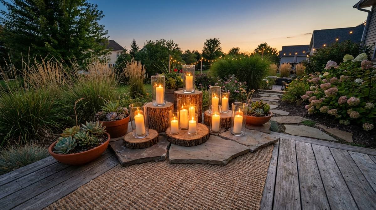 Group of pillar candles in varying heights arranged on wooden rounds and stone tiles for boho birthday decor, creating romantic flickering light as daylight fades.