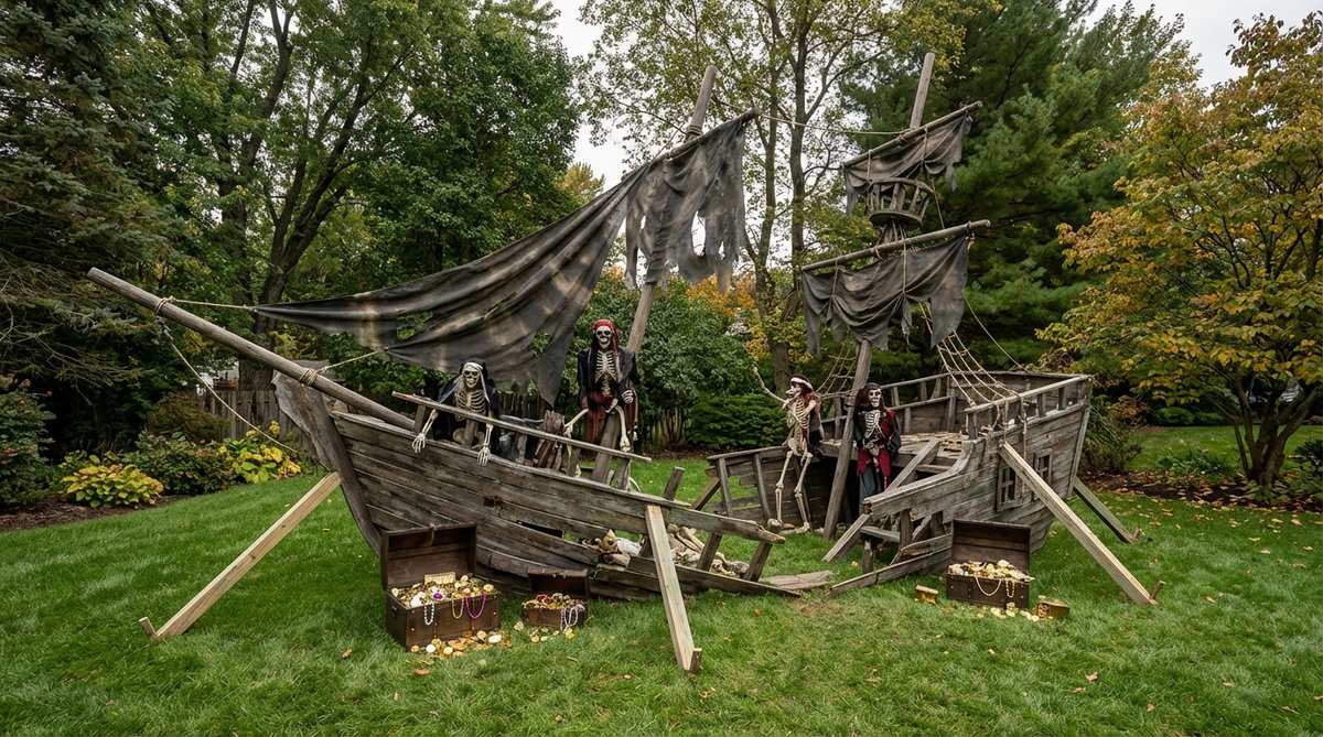 A Halloween outdoor decor scene featuring broken pirate ship ruins emerging from a lawn, with torn sails and skeletal crew to create a ghostly, cinematic effect. Includes tips for building with weather-treated lumber or foam, adding treasure chests and faux gold, and using lawn-safe supports for preservation.