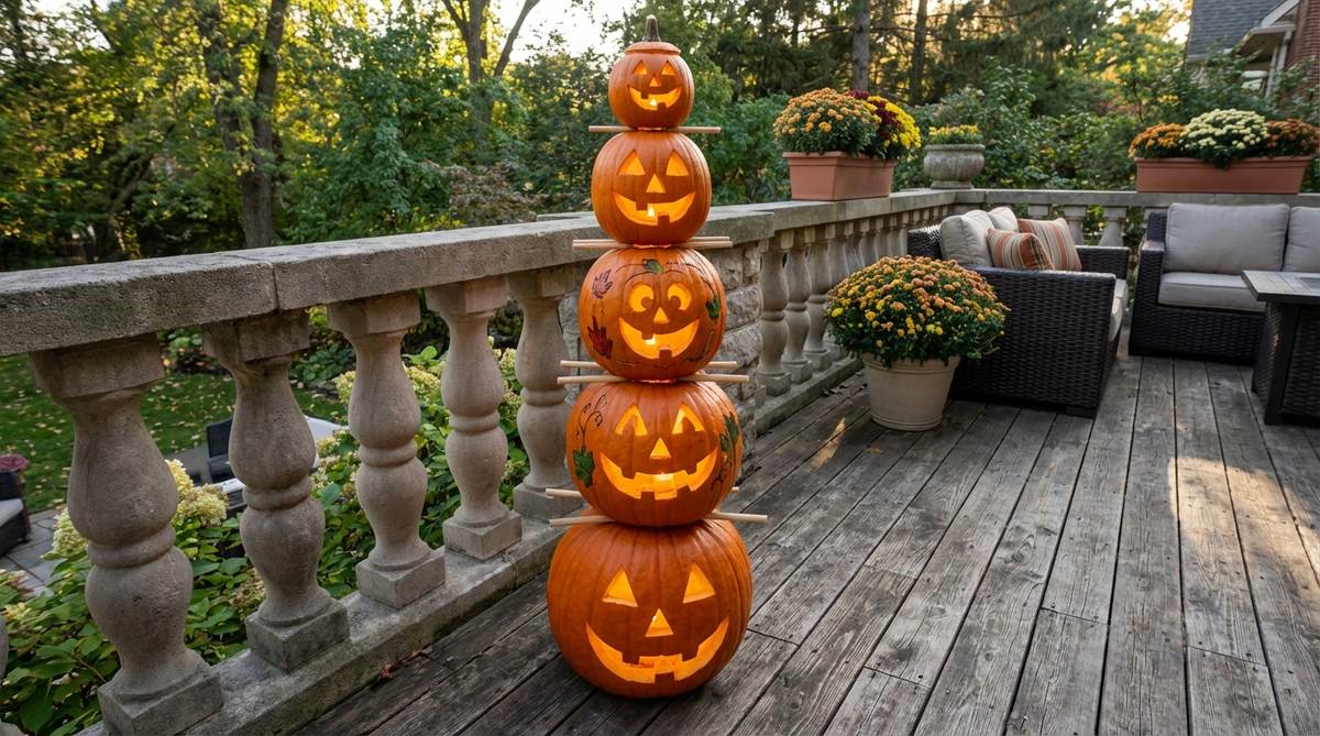 A vertical stack of graduated pumpkins, carved and painted for Halloween balcony decor, secured with dowels and lit with battery-operated lights.
