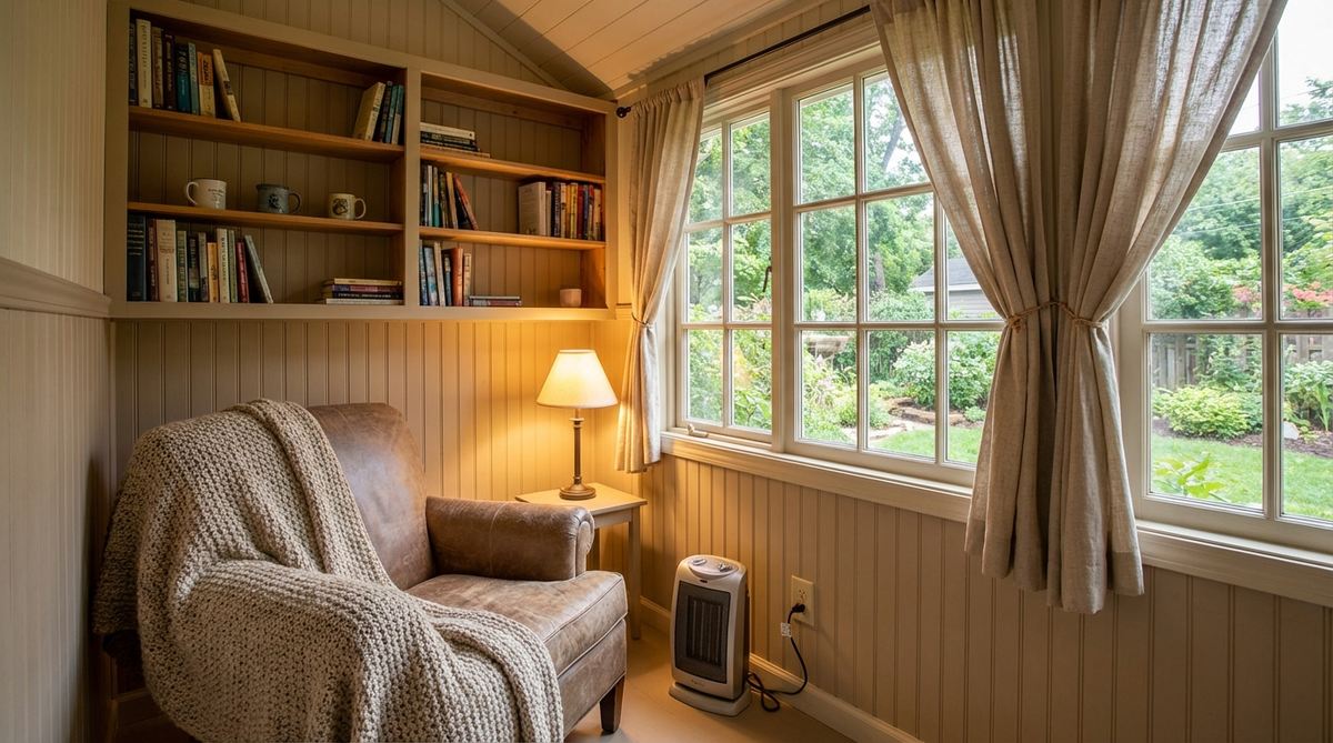 A cozy reading nook inside a 6x6 foot garden shed, featuring comfortable seating, built-in bookshelves, and soft lighting. Large windows with curtains provide natural light while maintaining privacy. The space is insulated for year-round comfort, with electrical outlets for reading lamps and heaters.