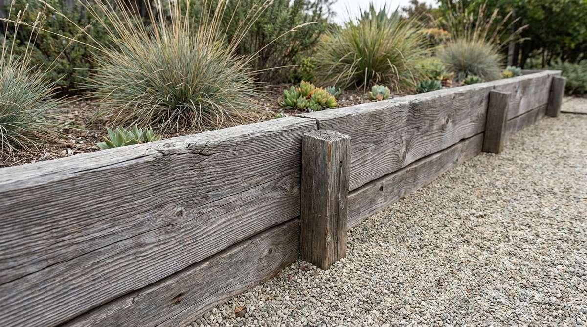 A close-up photo of weathered reclaimed wood planks used as edging in a zen garden, containing gravel and showcasing warm wood tones with an aged patina that reflects impermanence and natural decay, with cedar or redwood planks secured by ground stakes for stability.