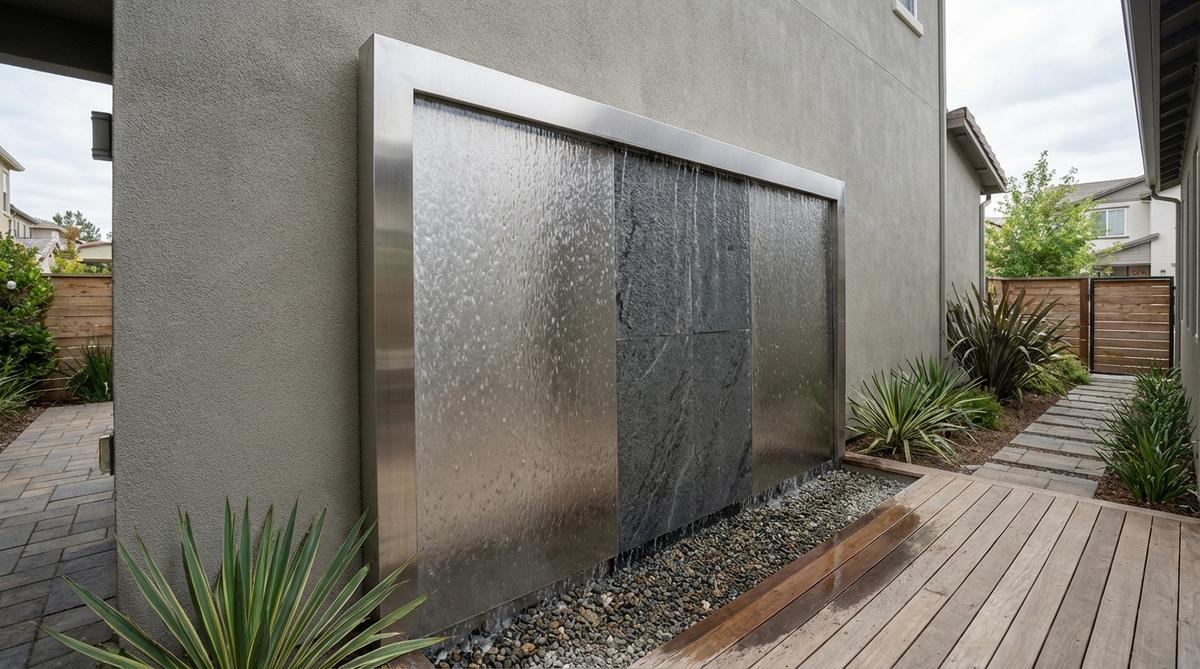 A modern garden fountain featuring a flat rectangular panel mounted flush against a wall, with water flowing uniformly across its entire surface. The panel showcases materials like brushed metal, textured stone, or frosted glass that influence water behavior. Water emerges from a concealed header at the top edge, descending in an unbroken sheet to create a living wall effect without soil or plants. This vertical design is ideal for narrow side yards or small courtyards, with waterproofing on the wall to manage splash and mist.