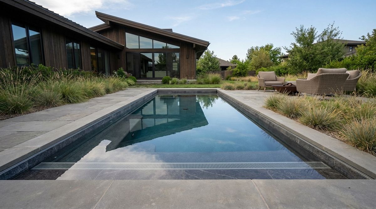A minimalist rectangular reflecting pool with a dark interior creating a mirror-like surface that reflects the sky and modern architecture. The still water serves as a contemplative focal point in an outdoor landscape, with clear water maintained through simple filtration and safety features for family-friendly environments.
