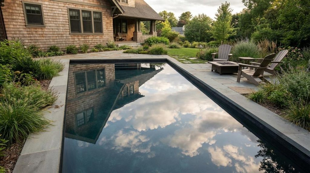 A still water basin with clean edges, designed to mirror the sky and surrounding architecture, creating a tranquil focal point in a garden aesthetic. Dark interior finishes enhance its reflective qualities, making it ideal for placement near seating areas to maximize atmospheric impact.