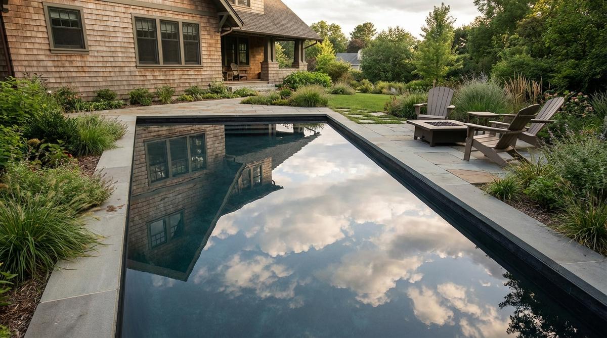 A still water basin with clean edges, designed to mirror the sky and surrounding architecture, creating a tranquil focal point in a garden aesthetic. Dark interior finishes enhance its reflective qualities, making it ideal for placement near seating areas to maximize atmospheric impact.