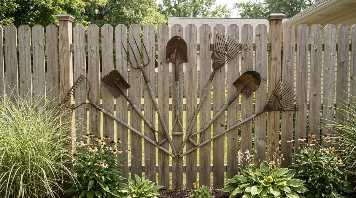 Vintage farm tools like pitchforks, shovels, and rakes mounted on a wall or fence as rustic outdoor decor. The worn wooden handles and rusted metal heads add authentic character, arranged in symmetrical or random patterns to create sculptural assemblages that connect modern gardens to agricultural traditions.