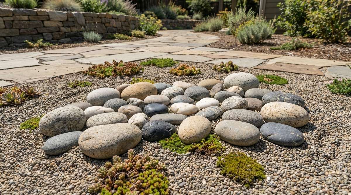 A collection of 20-30 smooth river pebbles in various sizes and colors including grey, tan, white, and black, perfect for creating dynamic landscapes, stone pathways, mountains, or island formations in miniature zen gardens.