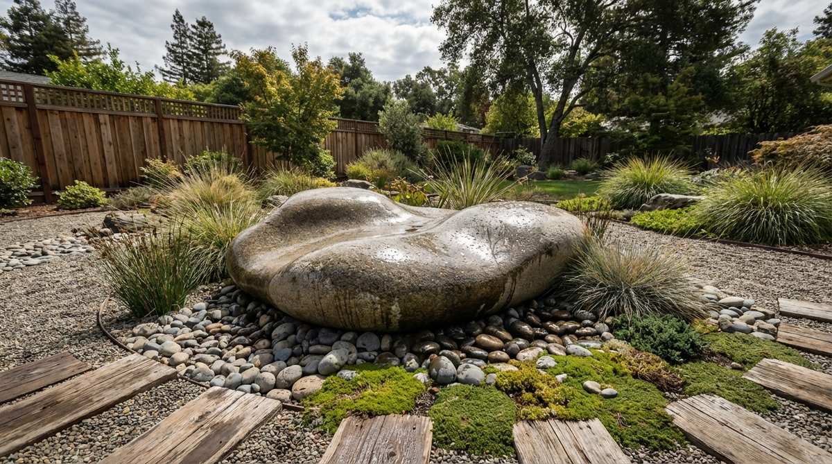 A smooth river stone sculpture with organic curves, crafted from polished granite or marble to mimic nature's erosion process. The sculpture reflects light beautifully when wet and invites tactile interaction in a zen garden setting.