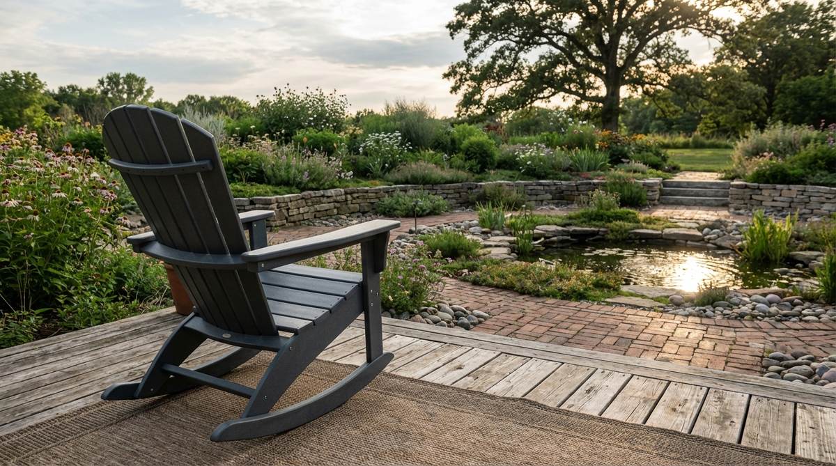 A traditional Adirondack rocking chair with curved base runners, made from durable HDPE material that resists moisture, UV rays, and temperature extremes. The chair features ergonomic design for comfortable extended rocking on porches or patios, positioned to overlook gardens or water features for ultimate relaxation.