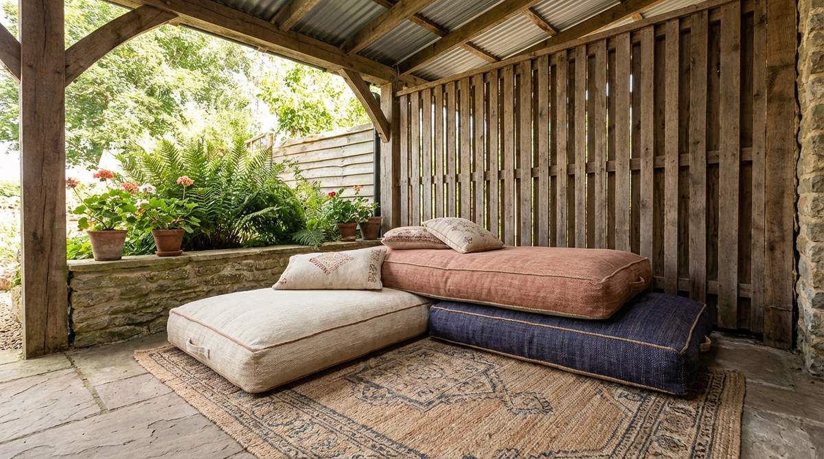 A single outdoor rocking chair positioned at a 45-degree angle in a garden corner, with a small side table for beverages, made from weather-resistant eucalyptus wood or powder-coated metal, enhancing relaxation with gentle rocking motion.