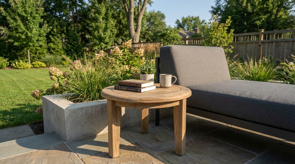 A compact circular teak side table with a round profile that softens geometric outdoor settings. Available in diameters between sixteen and twenty inches, it provides surface area for beverages and books without sharp corners. The natural teak finish ensures durability and coordinates with both warm and cool outdoor color schemes, making it ideal for minimalist garden furniture.