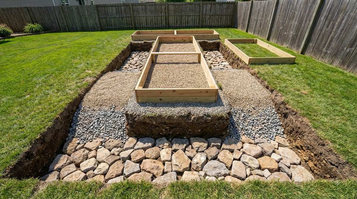 Illustration of a rubble trench foundation system for raised bed gardens, showing deep trenches filled with graded stones for drainage and frost resistance, including layers of large stones, smaller material, and pea gravel to prevent moisture wicking.