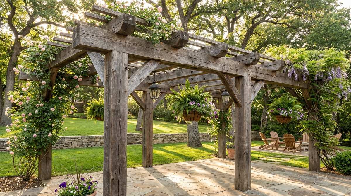 A vintage-style rustic pergola constructed from heavy timber or salvaged lumber, featuring an open-roof design that casts dappled shade. It serves as an architectural element to define outdoor rooms, with horizontal beams ideal for hanging plants and lighting, and incorporates wrought iron details and climbing vines to enhance its period character.