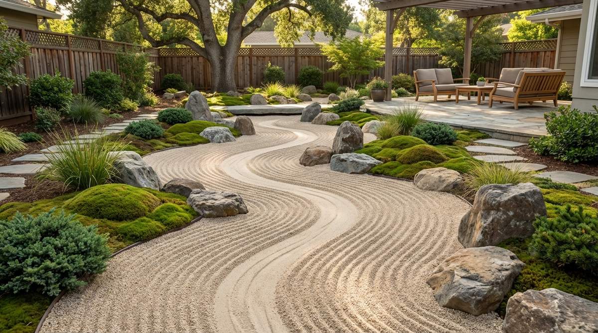 A zen garden sand pattern featuring gentle S-shaped curves that wind through gravel like a country road or forest stream. The design shows a central meandering line with parallel lines on both sides, creating a flowing river-like effect. Rocks are positioned along the curves to suggest riverbanks or landmarks, embodying the pathway metaphor in a relaxed, organic movement.