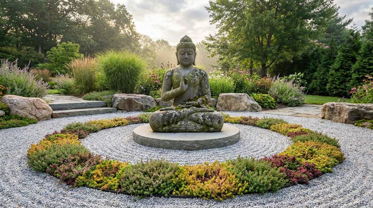 A traditional stone Buddha sculpture in lotus position, carved from granite or basalt for Zen gardens and meditation areas. Features serene expression and mudra hand positions symbolizing peace, positioned eastward for enlightenment. Shown on a raised platform surrounded by raked gravel with low-growing groundcovers like thyme or sedum creating a living halo. The statue develops natural moss and lichen growth over time, enhancing its aged appearance while providing stability against weather.