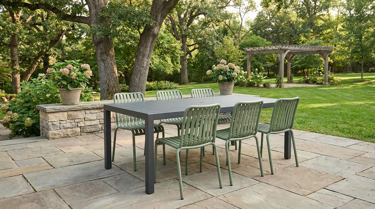 Modern aluminum dining set with rectangular table seating six, featuring contoured chairs with sculpted seats for comfort, vertical back slats for lumbar support, and powder-coated matte sage green finish. Armless design allows chairs to tuck under table, and lightweight aluminum construction enables easy rearrangement.