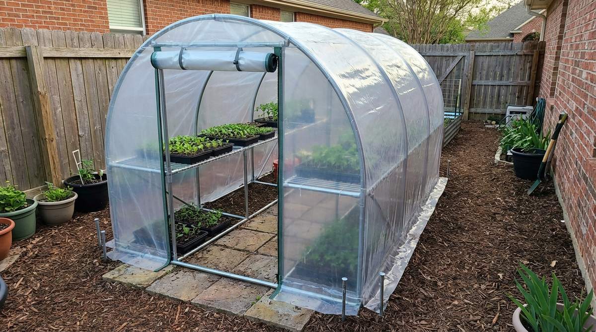 A compact 6x3 foot tunnel greenhouse designed for narrow side yards or urban patios, featuring roll-up door panels for temperature regulation and anchor stakes for wind resistance. Ideal for seed starting in small outdoor spaces.