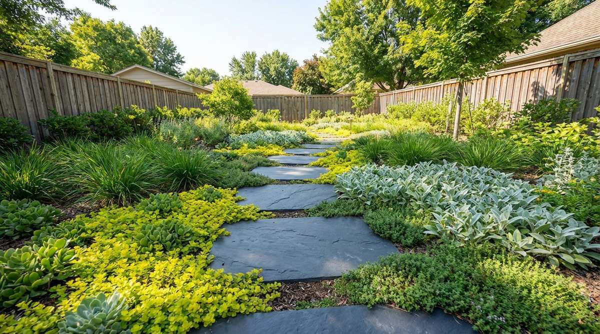 A contemporary garden path featuring square slate tiles in 12-16 inch dimensions arranged in a meandering sequence through groundcover plantings. The natural cleft surface of the dark slate provides textural interest and contrasts beautifully with surrounding chartreuse and silver foliage. This frost-resistant stone path demonstrates refined stepping stones with organic character and safe, level footing.