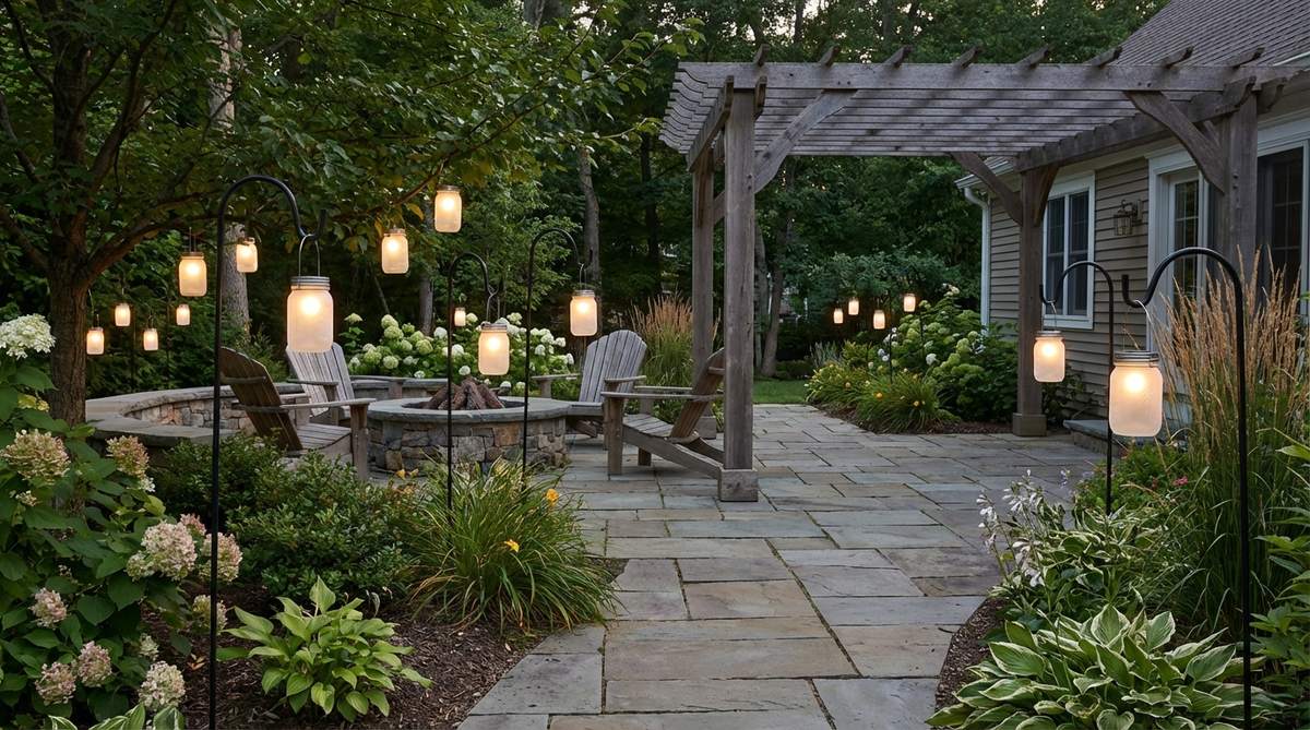 Mason jar-style solar lights hanging from shepherd's hooks and tree branches, providing whimsical charm and gentle illumination through frosted glass diffusers in a cozy garden setting.