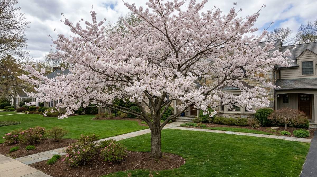 A Somei Yoshino cherry tree displaying its iconic pale pink to white five-petaled flowers in dense clusters along branches, creating the dramatic sakura displays celebrated in Japanese gardens each spring. The tree has a broad, spreading crown and grows 30-40 feet tall, with flowers appearing before leaves emerge in early to mid-spring.