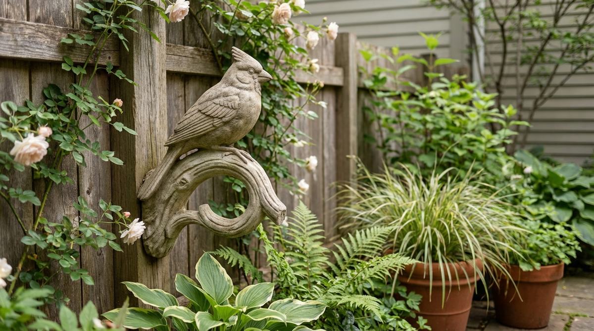 A detailed stone sculpture of a songbird perched on a carved branch, featuring regional species like cardinals, chickadees, or robins. This compact garden art piece is designed for close viewing in courtyard gardens or small urban plots, with installation flexibility for fences, trellises, or tree trunks.