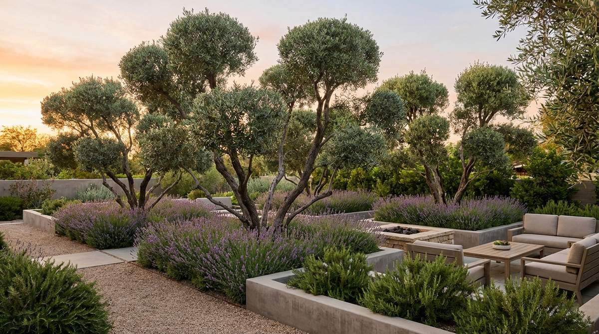 Multi-trunk olive trees with sculptural canopy structure and gray-green foliage in a mid-century modern garden setting, underplanted with lavender and rosemary for a drought-tolerant Mediterranean aesthetic.