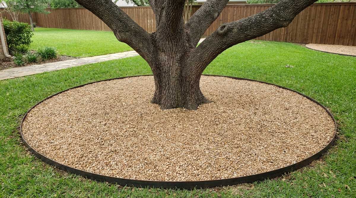 A circular bed of pea gravel surrounds a mature tree, protecting the root zone from compaction and eliminating turf competition. The clean design highlights the tree's trunk and branching structure as focal points, with the gravel extending to the drip line and edged with steel, stone, or aluminum benderboard for crisp definition. This setup is ideal for trees with surface roots, ensuring permeability for oxygen and water without mower damage.