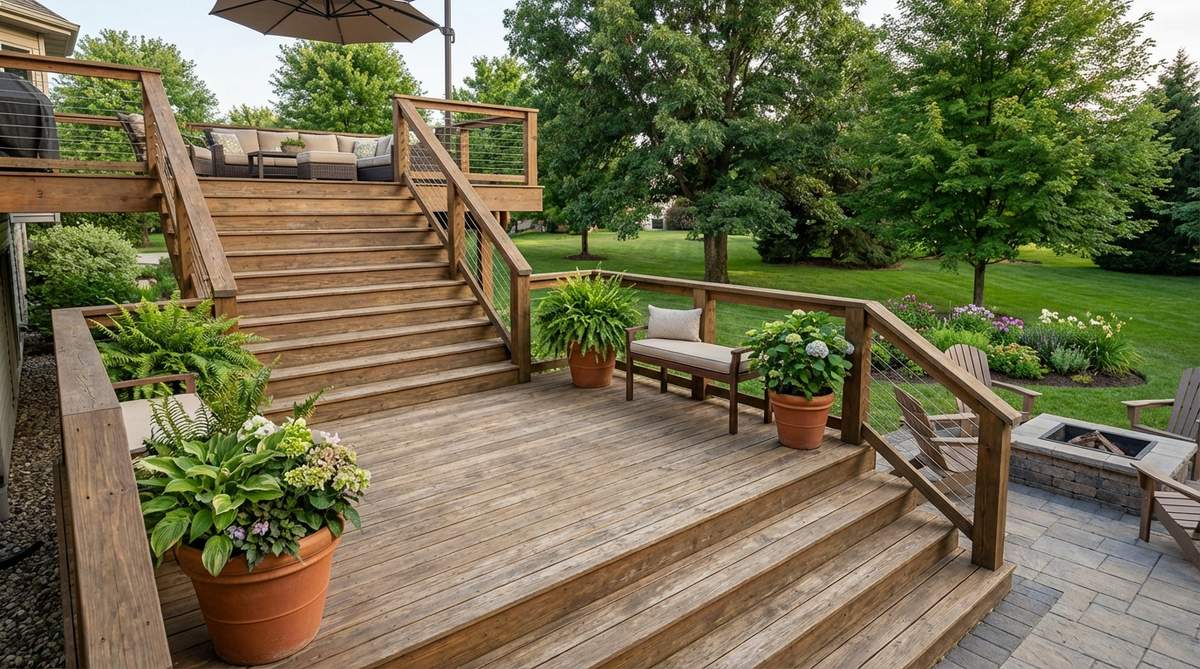 A split-level garden deck design featuring a mid-level landing that creates a transitional zone, perfect for use as a reading nook or plant display area. The landing breaks up long stair runs while adding functional square footage to the outdoor space.