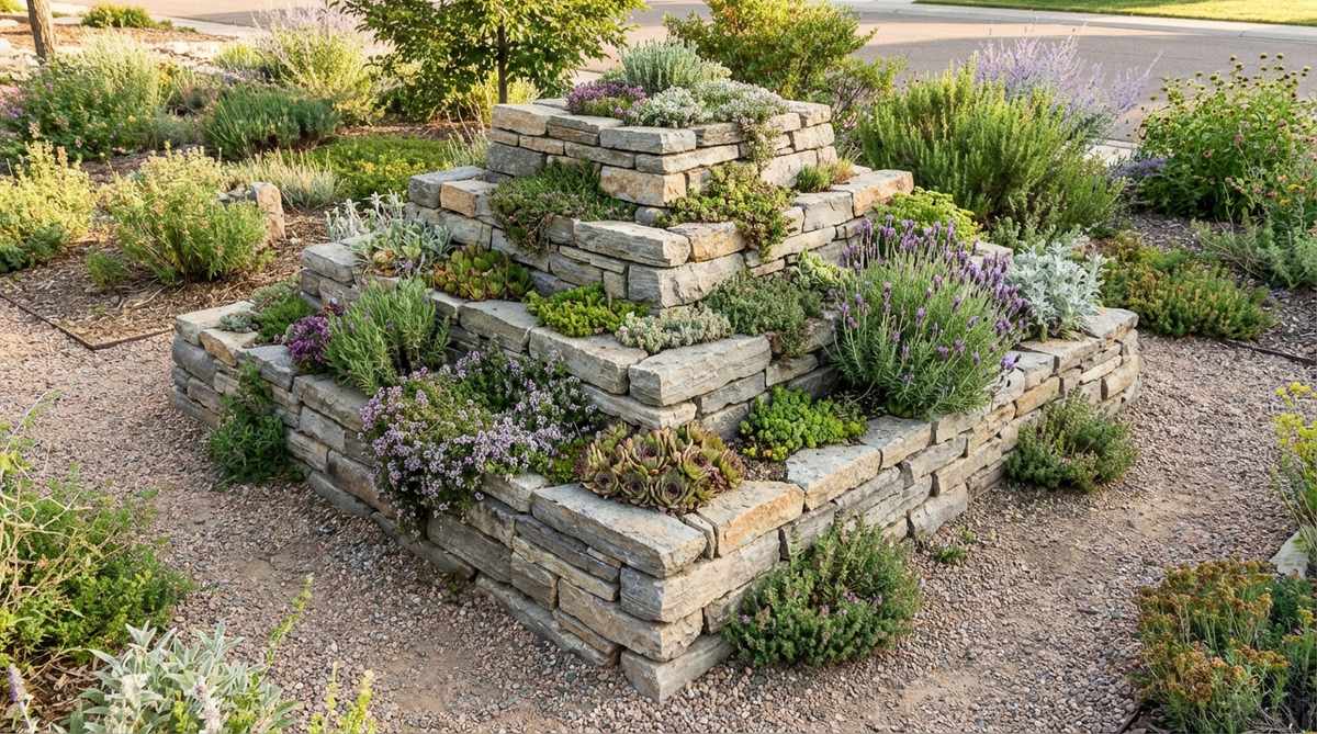 A pyramidal stone structure built in a garden corner, featuring stacked stones with alpine plants or sedums filling the gaps. This three-dimensional design adds height variation to small garden spaces, with excellent drainage suitable for Mediterranean or xeric plants like thyme, lavender, and sempervivum.