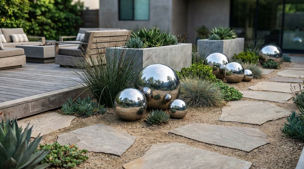 Mirror-polished stainless steel spheres in various sizes from 6 to 24 inches, serving as contemporary garden ornaments that reflect surrounding plants and create visual depth in minimalist landscape designs.