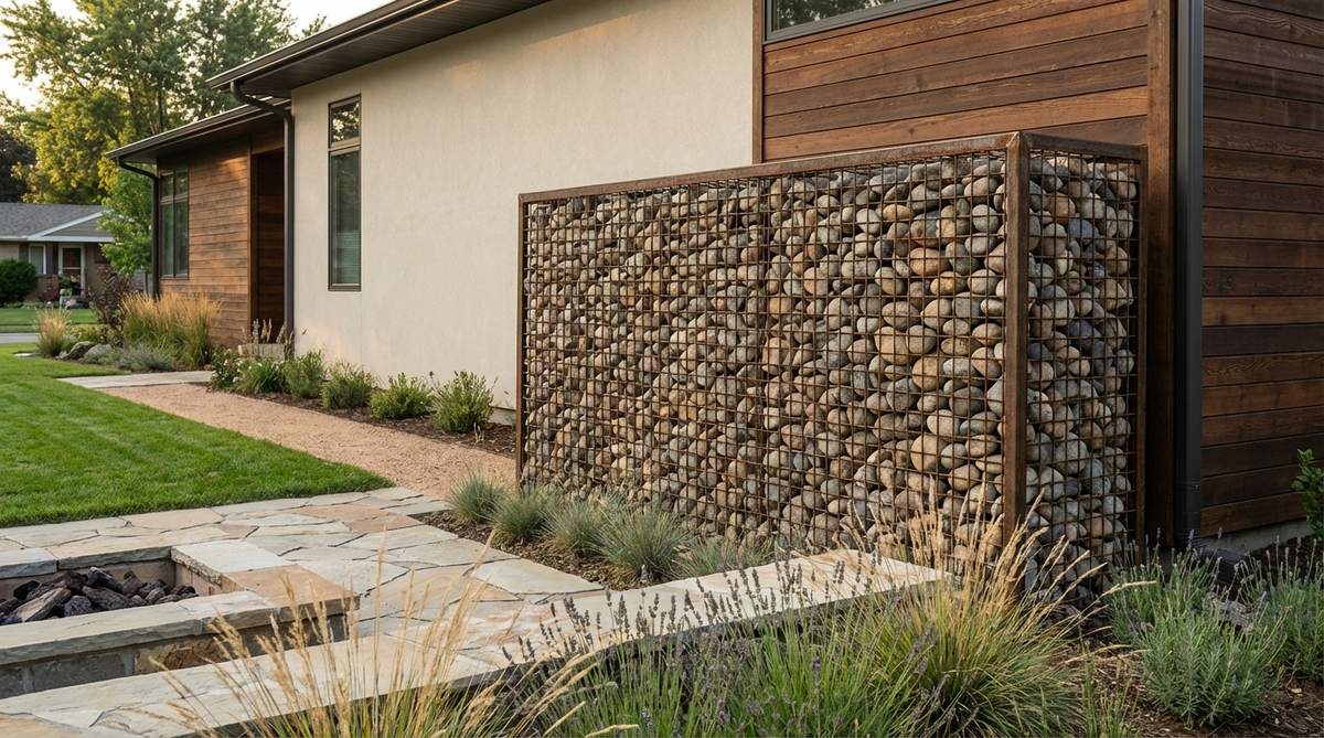 A heavy-duty wire mesh basket filled with river rocks, creating a permeable privacy screen with visible aggregate texture that contrasts with smooth surfaces like stucco or wood siding, ideal for modern architectural designs.