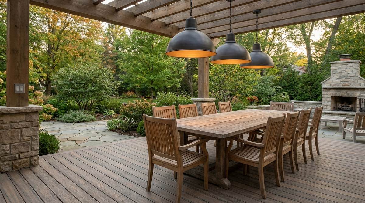 Oversized pendant lighting fixtures suspended from a pergola over an outdoor dining deck, featuring weather-resistant materials like powder-coated steel and dimmer controls for adjustable ambiance.