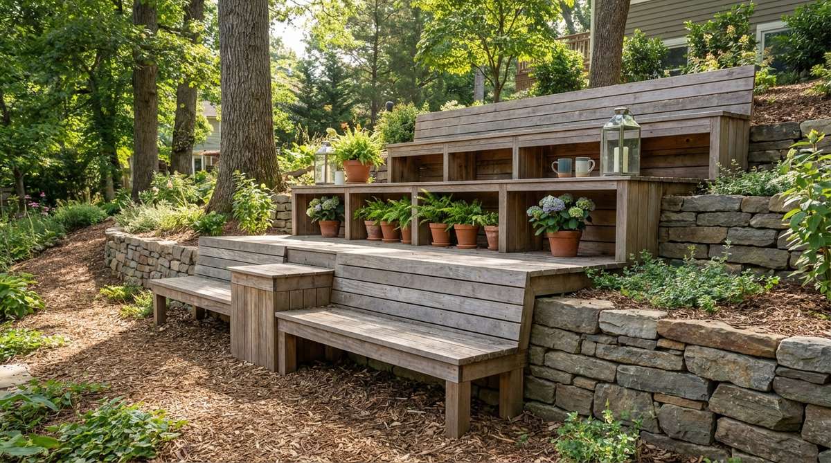 A tiered bench with two or three levels designed for sloped terrain in small gardens, featuring varied seating heights and built-in shelving for potted plants, drinks, or decorative lanterns. Ideal for hillside gardens where retaining walls provide structural support.