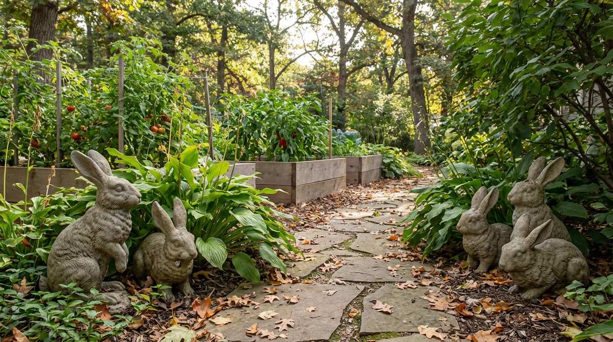 Clusters of cast stone rabbit statues in alert or feeding poses, featuring realistic proportions and fur textures. These 8-12 inch weather-resistant garden decor pieces are designed to nestle among vegetable gardens, beneath shrubs, or along woodland paths, creating natural-looking groupings that withstand decades of outdoor exposure.