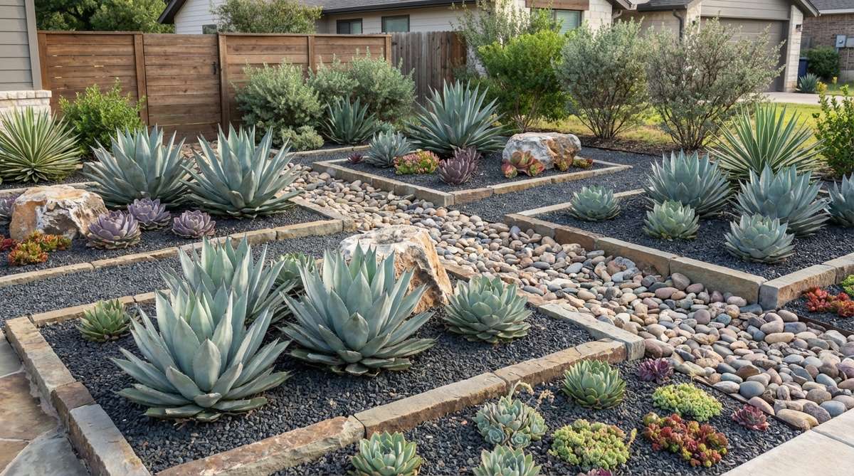A sculptural succulent garden featuring clustered agave, echeveria, and sedum varieties with dark gravel mulch for enhanced drainage and weed suppression, showcasing drought-tolerant landscaping with minimal irrigation requirements.