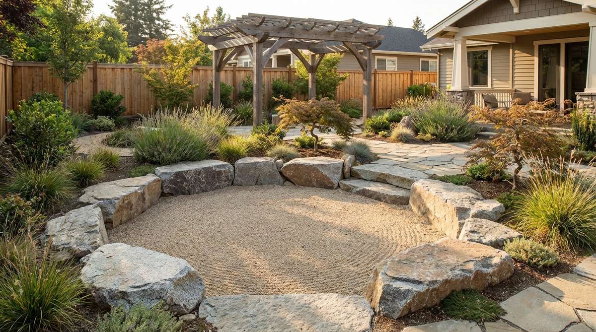 A shallow depression filled with fine gravel, creating a sheltered meditation zone in a Zen garden, edged with large stones for informal seating and space definition.