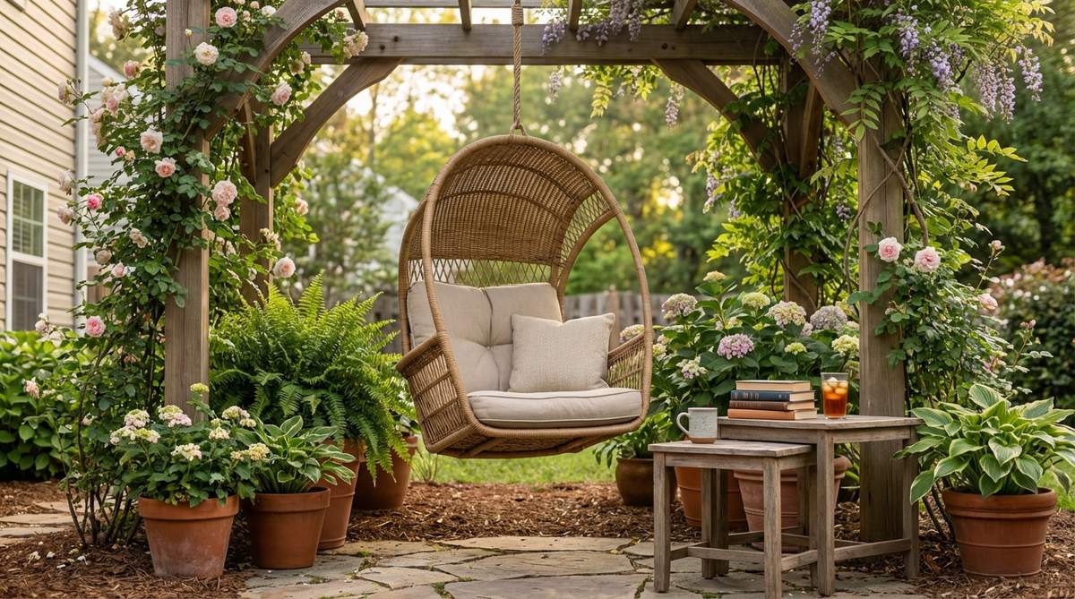 A cozy reading nook featuring a single-point suspension swing chair, nestled in a corner or under a pergola in a small garden backyard. The gentle motion and nest-like enclosure create a personal retreat, surrounded by potted plants with side tables within arm's reach for beverages and books.