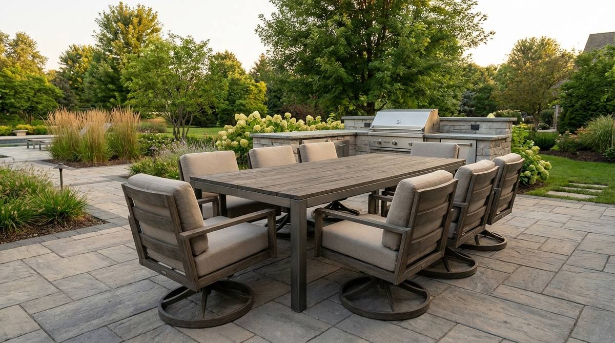 A contemporary outdoor dining setup featuring low-back swivel chairs arranged around a modern garden table, showcasing flexible seating for patio entertaining with guests rotating between views, conversation areas, and grill stations.