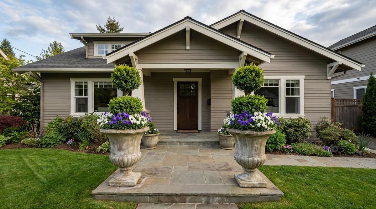Two matching large-scale urns in stone, fiberglass, or glazed ceramic positioned symmetrically on either side of a front door, filled with evergreen topiaries like boxwood or holly and seasonal flowers, creating formal balance and visual anchoring for outdoor porch decor.