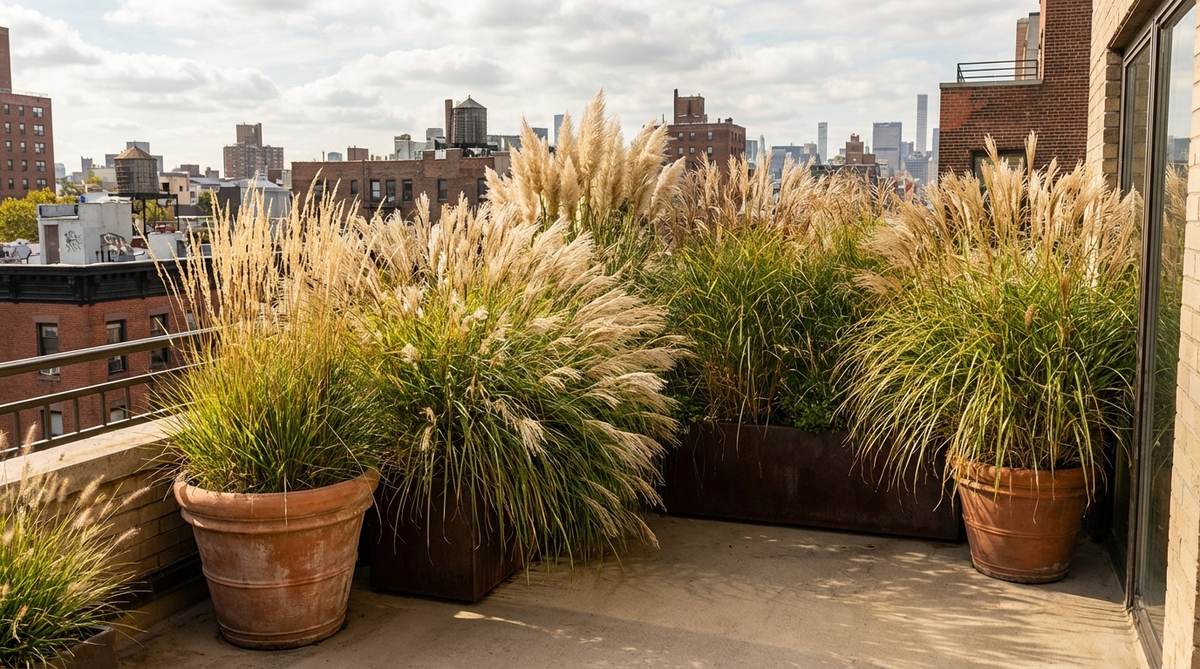 A lush display of tall ornamental grasses like maiden grass, pampas grass, or giant miscanthus in containers on a NYC balcony, creating natural sight barriers with graceful swaying motion in the wind. These perennial grasses, reaching 5-7 feet tall, add architectural interest and require minimal maintenance, perfect for urban garden settings.