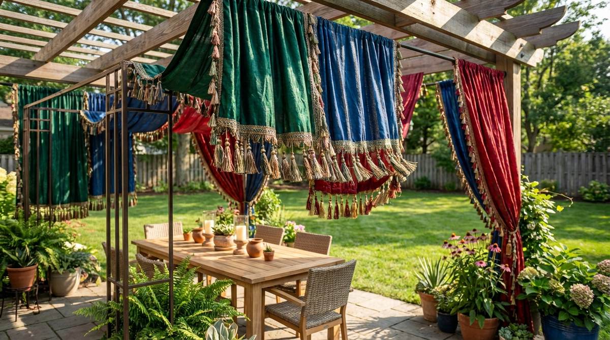 Fabric panels with elaborate tassel trim draped overhead in a boho garden, creating a ceremonial atmosphere. The decorative embellishments catch light and sway with movement, suspended from pergola beams or temporary frames. Jewel-toned fabrics in emerald, sapphire, and ruby intensify in sunlight while tassels add vertical interest.