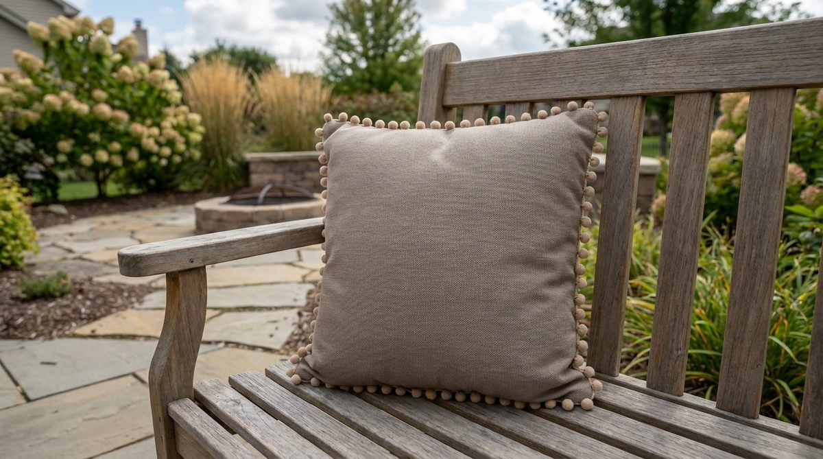 A neutral taupe outdoor decor pillow featuring playful pom-pom trim edging that adds dimension and subtle movement in breezes. This versatile pillow serves as a transition piece between bold patterns and solid accents in outdoor living spaces.