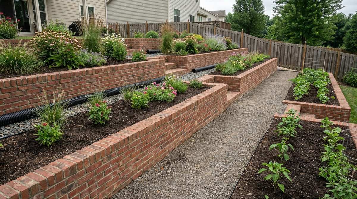 A terraced slope retention system using multiple brick walls to create level planting terraces on a hillside property, with each wall holding 12-18 inches of soil to transform unusable grade into productive garden space. The design includes walls built perpendicular to the slope with a slight backward lean for stability, drainage pipes installed behind each wall to prevent hydrostatic pressure buildup, and paths between tiers spaced 3-4 feet apart for maintenance access, reducing erosion while increasing usable planting area.