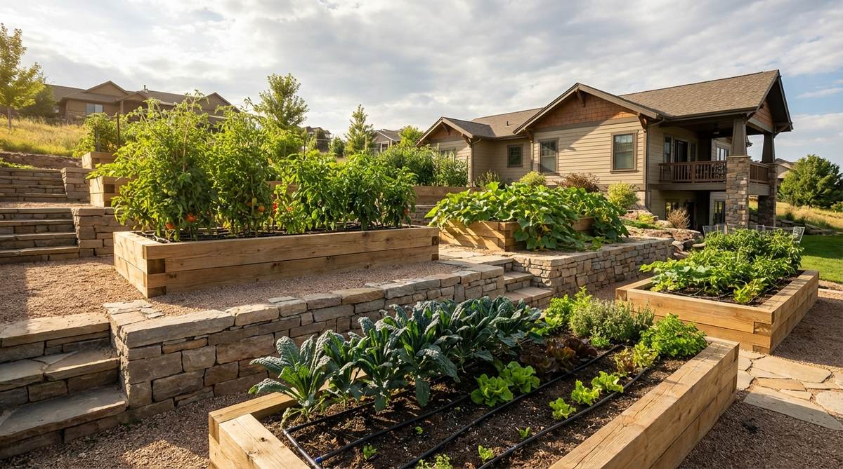A garden design featuring level terraces with raised beds for vegetable cultivation on a slope. Rows are oriented along terrace contours, with drip irrigation installed on each level. South-facing terraces maximize sun exposure, with upper terraces for heat-loving crops and lower zones for leafy greens.