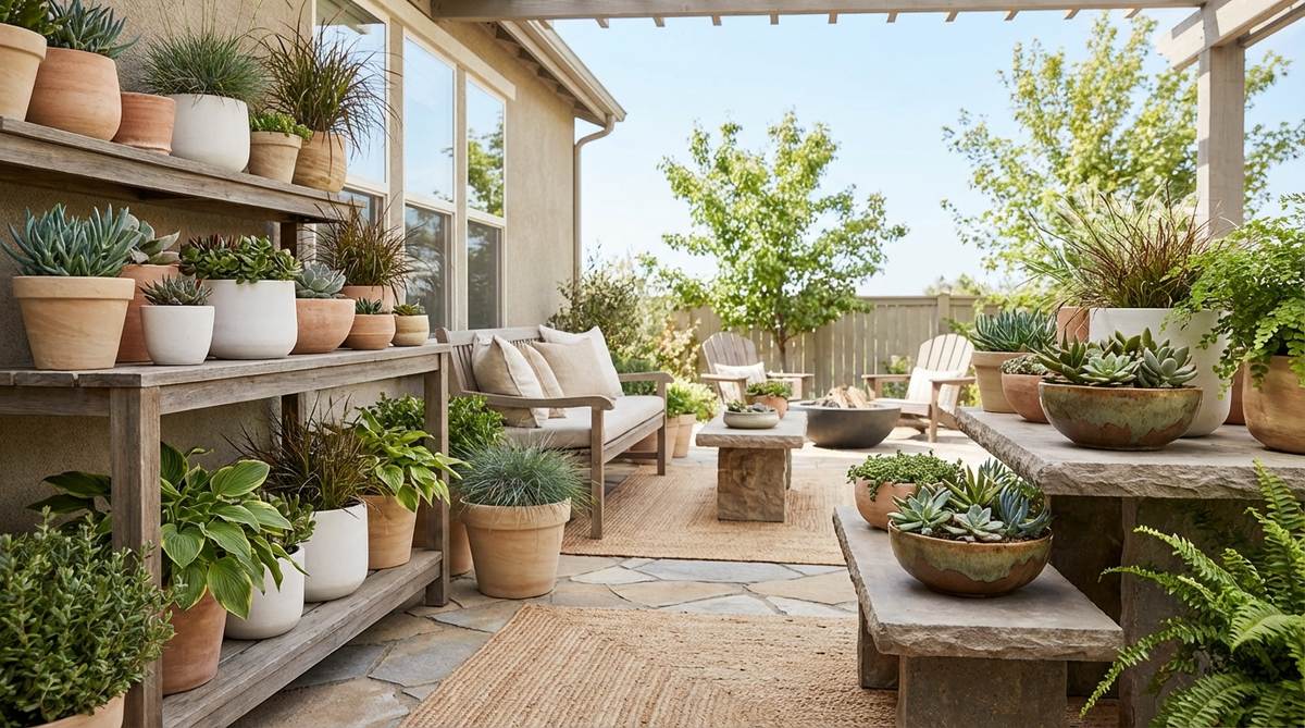 A collection of handmade terracotta and ceramic planters in earthy textures, featuring natural terracotta, matte white, and organic glazes. Grouped in varying sizes to create plant vignettes on shelves, tables, and floors for modern boho decor.