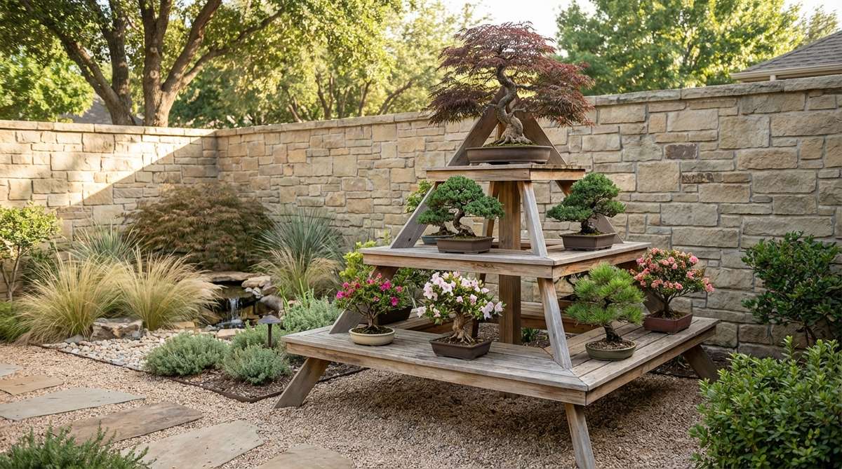 A wooden pyramid stand with three descending shelves displays bonsai trees by height and importance, with the finest specimen at the apex and supporting trees on lower tiers. The shelves are spaced 10-12 inches apart to accommodate bonsai canopies while maintaining distinct visual layers. Positioned in a corner or against a wall, the pyramid shape draws eyes upward, creating a sense of aspiration and growth in a zen garden setting.