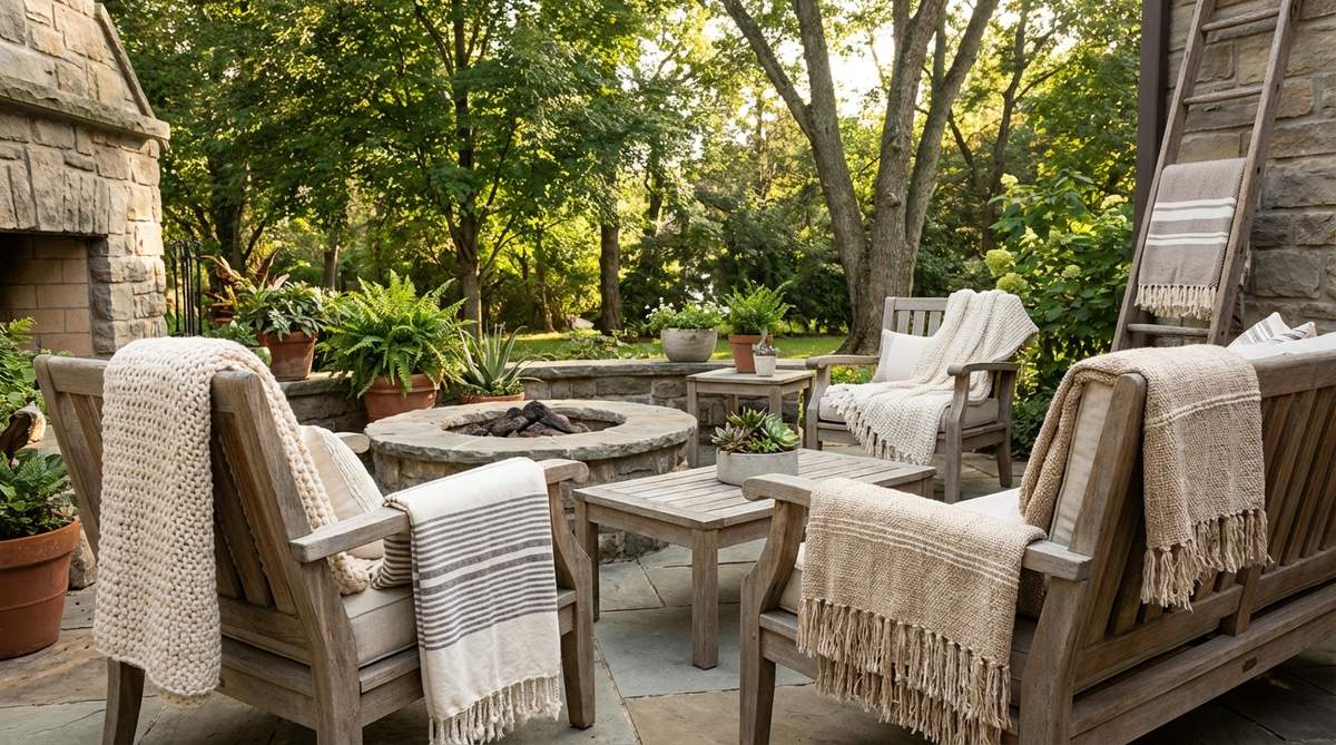 Casual draping of throw blankets over furniture arms, bed ends, and ladders in complementary textures like chunky knit, cotton, and fringed weave, adding boho-style comfort and richness to decor.